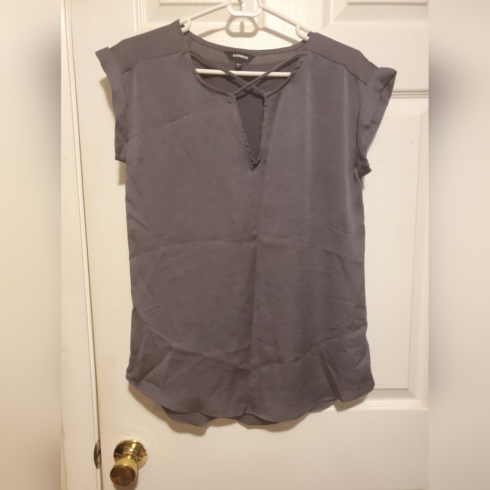 Express Gray Ruffled Blouse Relaxed Fit